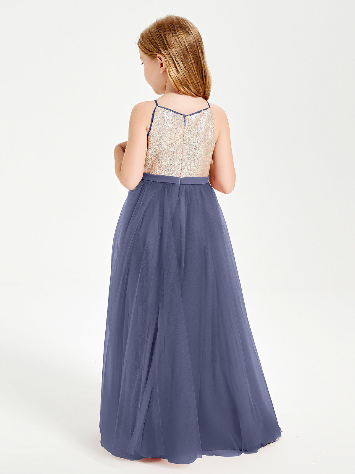 Sequined Top Long Tulle Junior Bridesmaid Gown Stormy